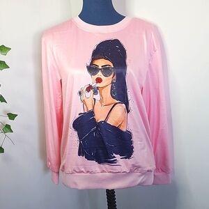 Pink Satin Crewneck Shirt with Glamour Girl Putting on Lipstick